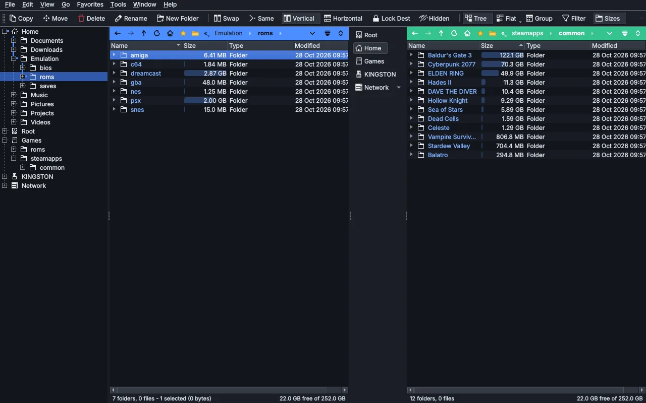 Directory Duo on the Steam Deck: ROM folders on the left as the source, the Steam library on the SD card on the right as the destination, with folder sizes as bars and the folder tree.
