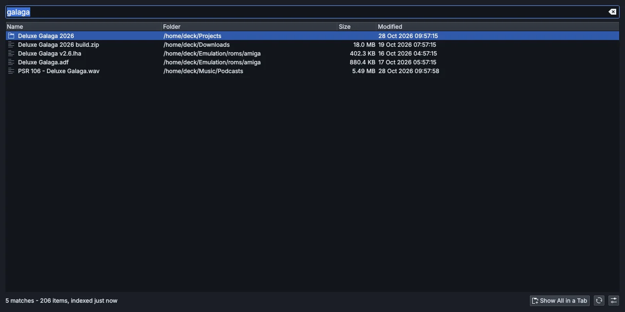 Index Search finding five files and folders named Galaga across home and the downloads folder.