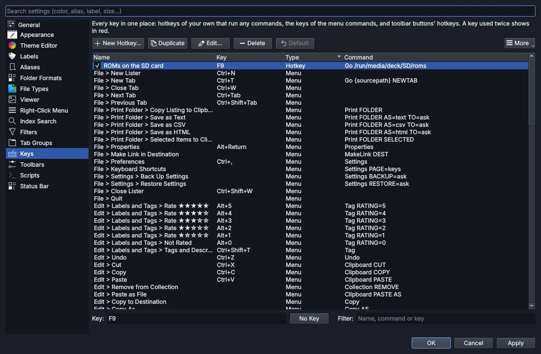 The Keys page listing hotkeys, menu commands and their keys.