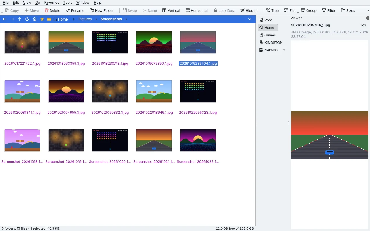 Screenshots as thumbnails in the light theme with the viewer pane on the right.