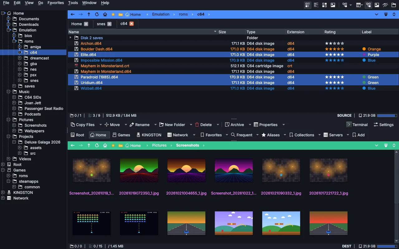 Stacked displays on the Deck: C64 disk images with color labels and star ratings above, screenshots as thumbnails below, with toolbars between them.